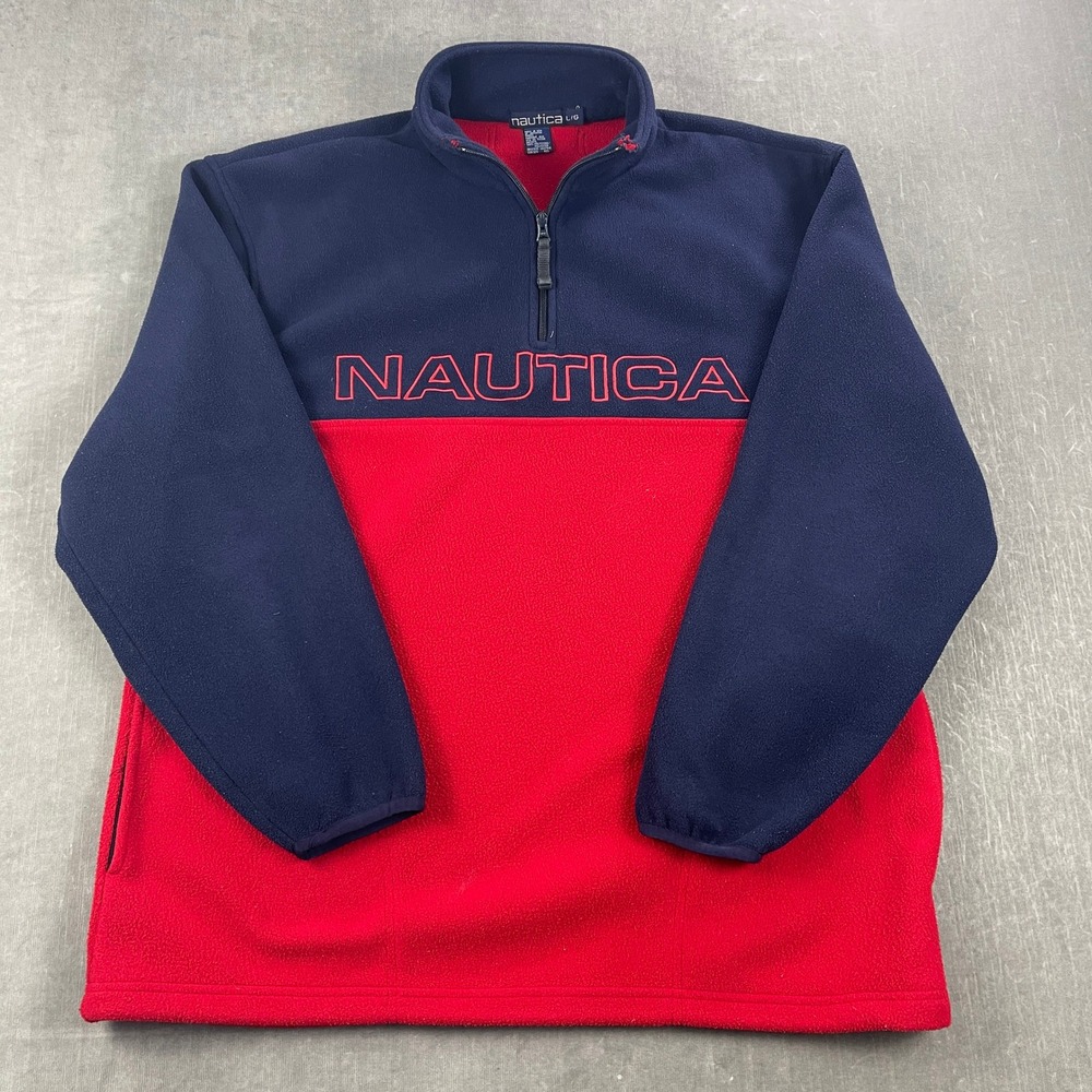 Nautica Mens Large‎ Navy Red Fleece Pullover Quarter Zip Embroidered Logo